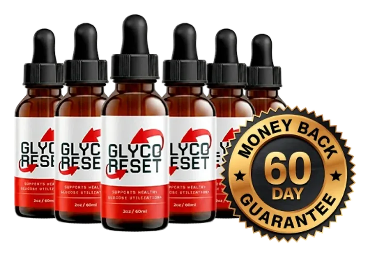 Six Glyco Reset dropper bottles with the GLYCO RESET label design and a gold Money Back 60 Day Guarantee seal