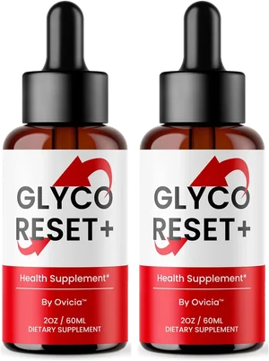 Two Glyco Reset+ amber dropper bottles with black caps and white and red labels: Health Supplement, By Ovicia, 2 oz / 60 mL, dietary supplement