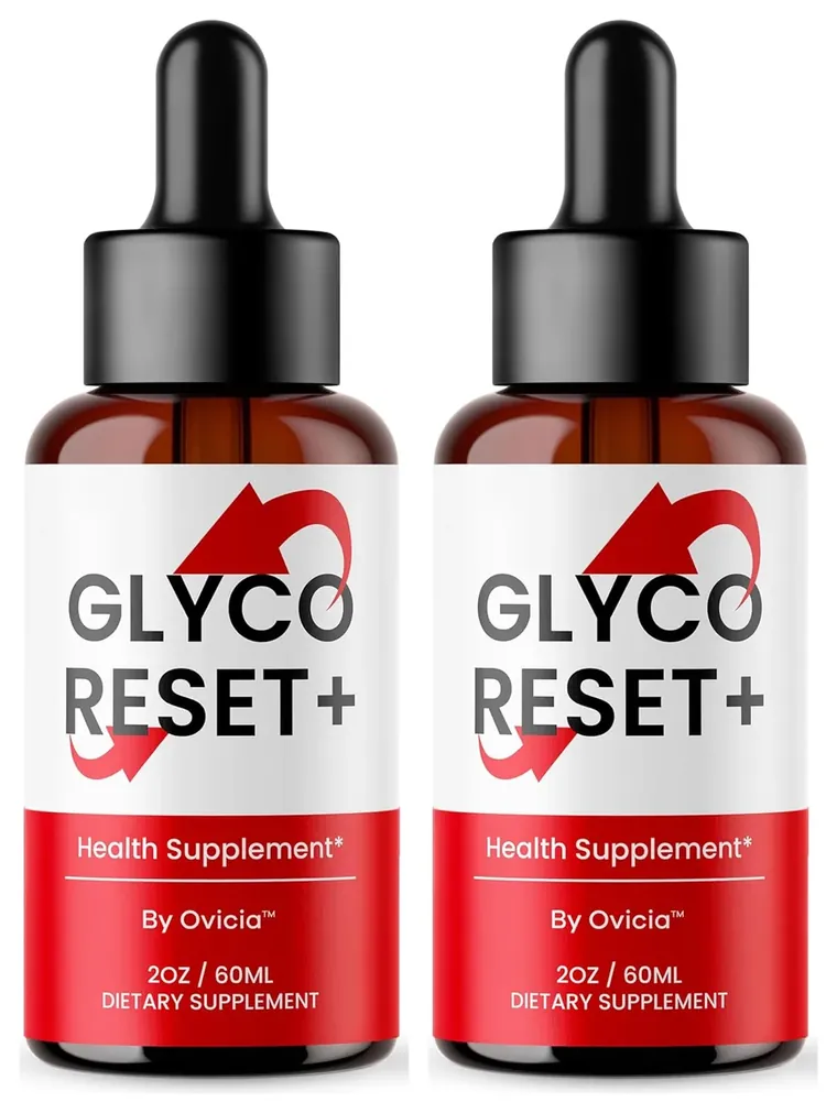 Two Glyco Reset+ amber glass dropper bottles, front labels: Glyco Reset+ with a red arrow, Health Supplement, By Ovicia, 2 oz / 60 mL, dietary supplement