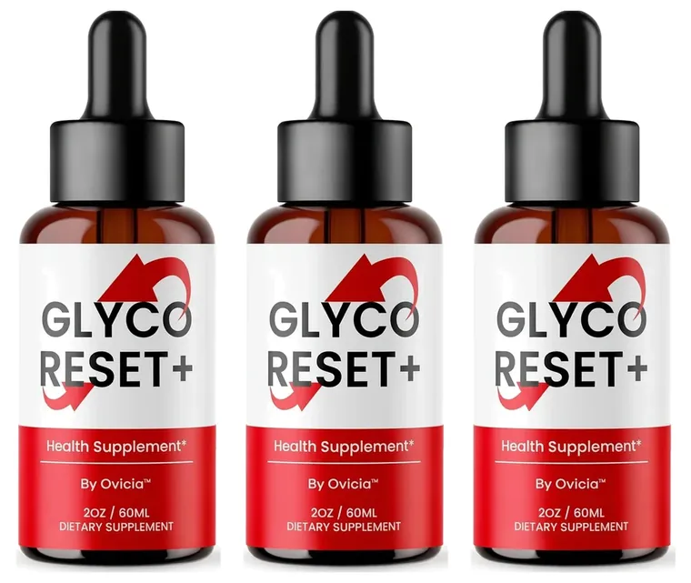 Three Glyco Reset+ dropper bottles (brand artwork)