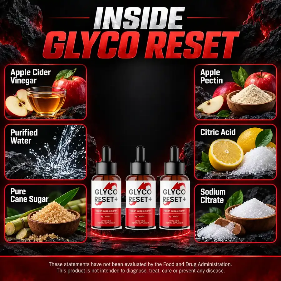 Brand graphic titled Inside Glyco Reset, with tiles for apple cider vinegar, purified water, pure cane sugar, apple pectin, citric acid and sodium citrate around three bottles