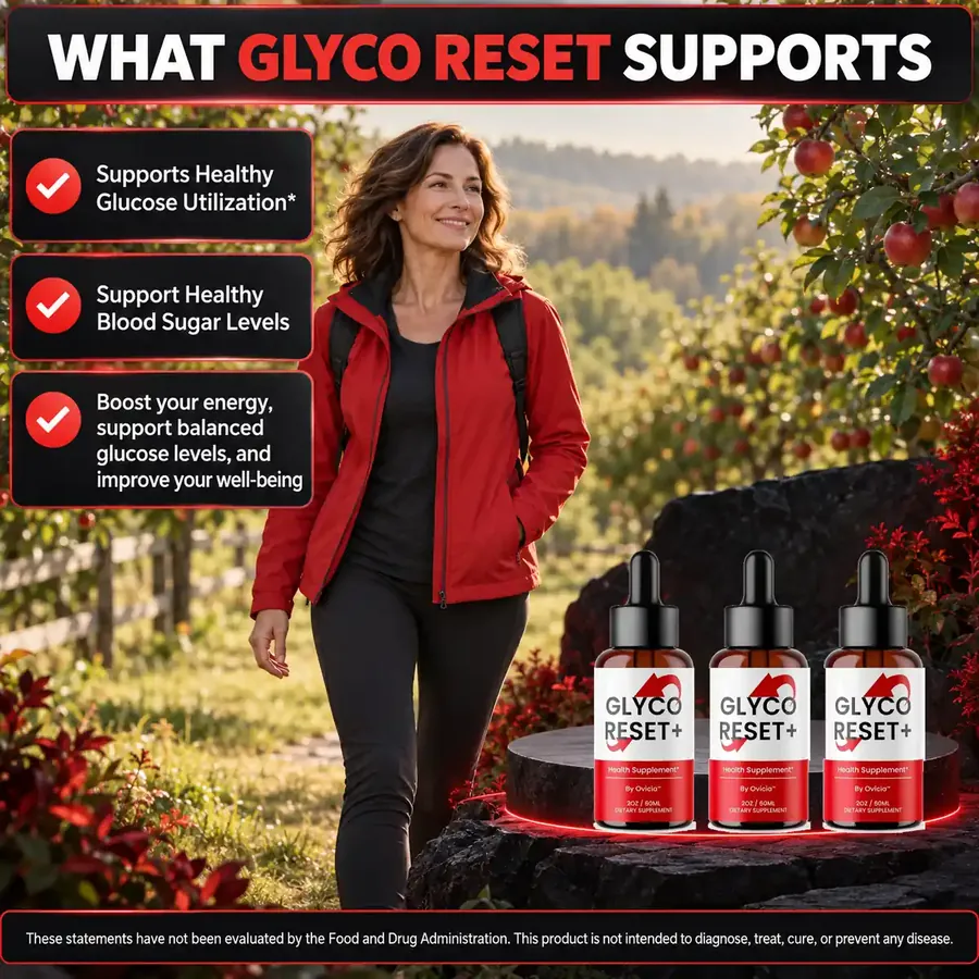 Brand graphic: What Glyco Reset Supports, a woman in an apple orchard with three claim boxes (brand artwork)