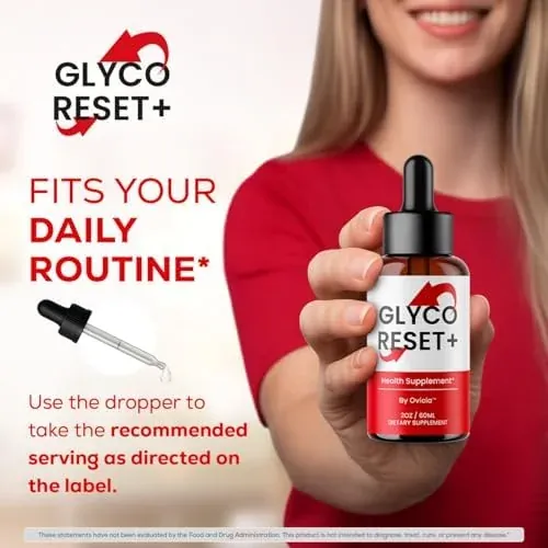 A woman holding a Glyco Reset+ dropper bottle toward the camera, with the words Fits your daily routine