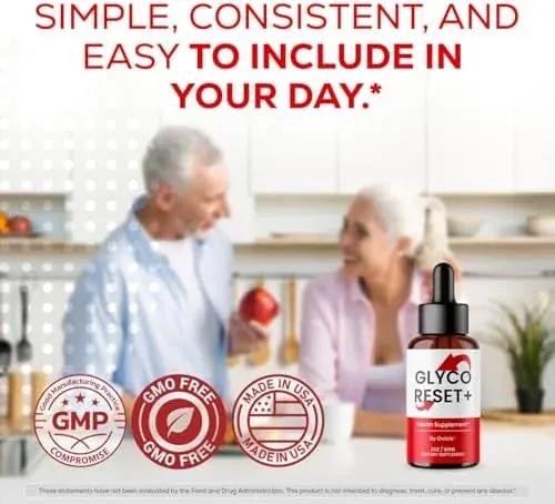 An older couple in a kitchen with an apple, a Glyco Reset+ bottle and three round seals: GMP, GMO free and Made in USA
