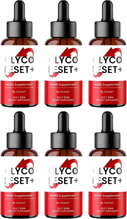 Six Glyco Reset+ amber dropper bottles in two rows